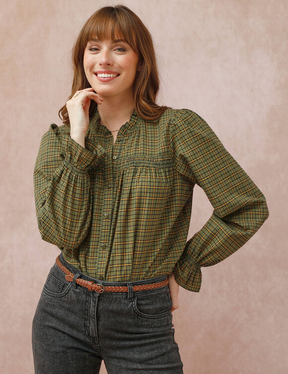 Chemisier smocké col volanté à carreaux (kaki) Chemisier smocké col volanté à carreaux (kaki)